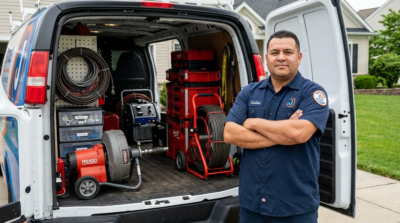 Professional drain cleaning equipment and Johns Plumbing LLC plumber in Albion