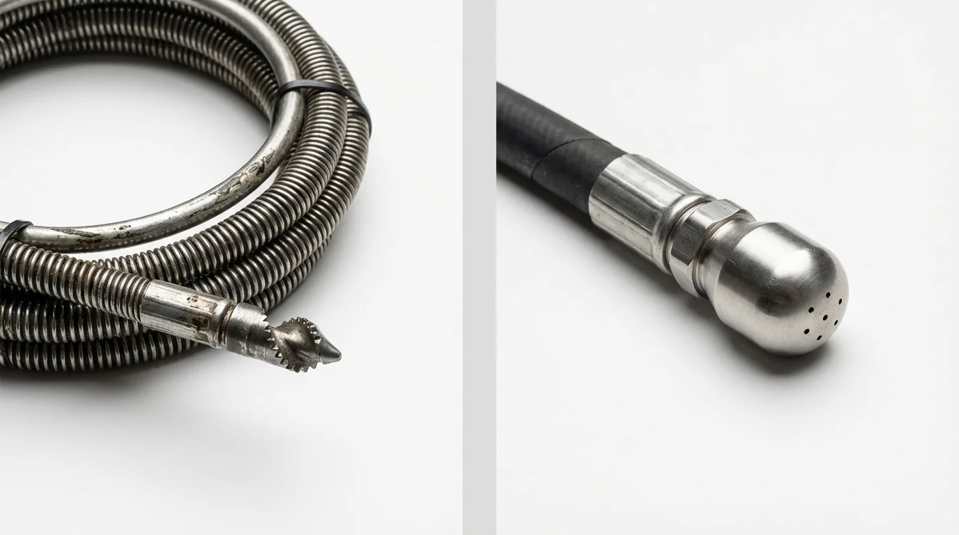 Drain snake cable and hydro jetting nozzle used for drain cleaning in Albion, IN