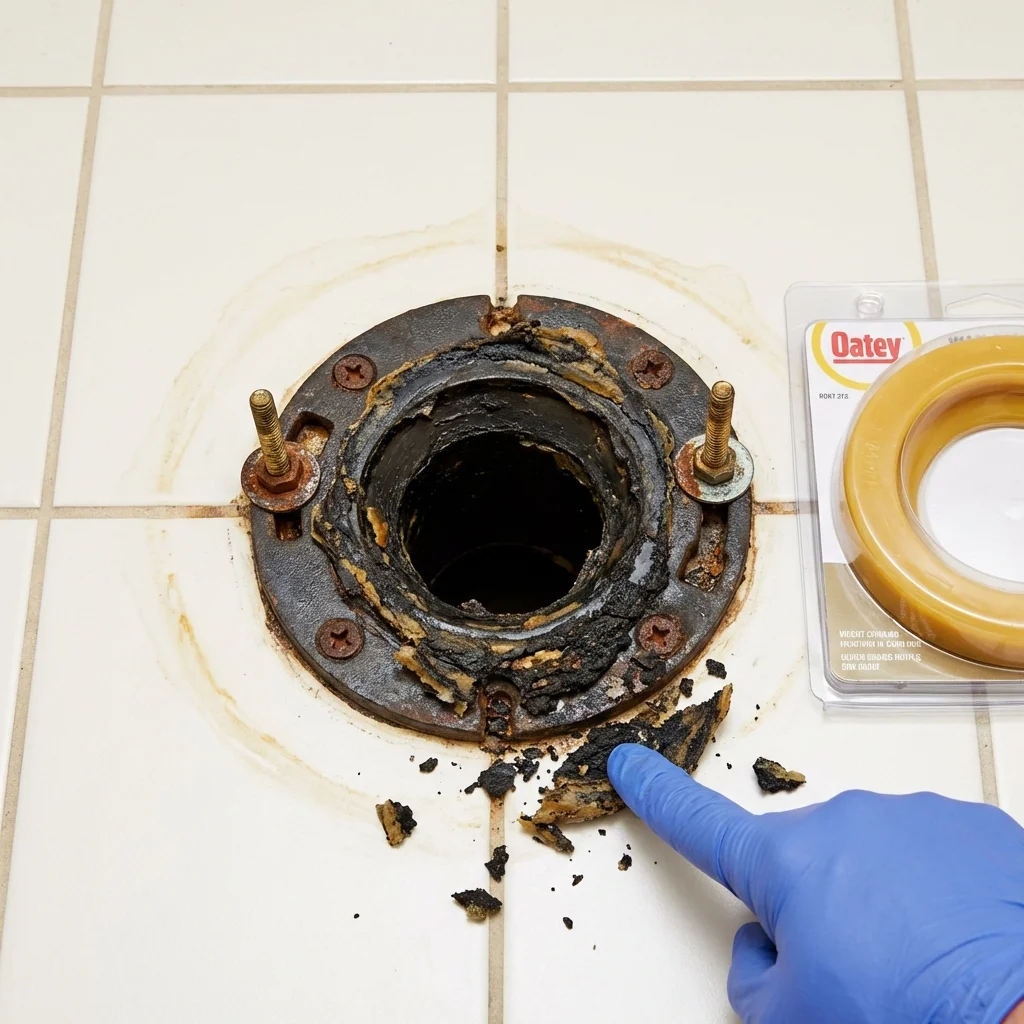 Failed wax ring showing water seepage at the base of a toilet in a Albion, IN home