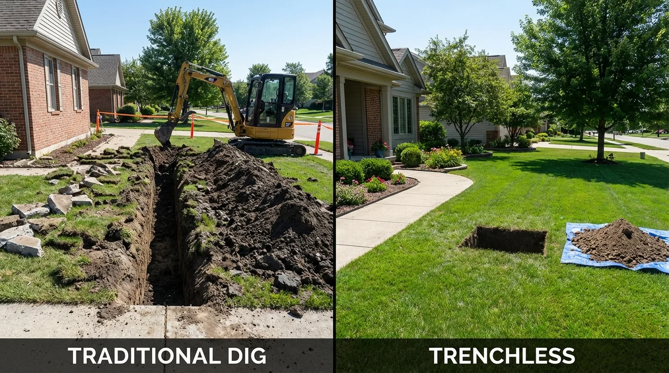 Trenchless sewer repair with minimal yard damage versus traditional excavation in Albion, IN